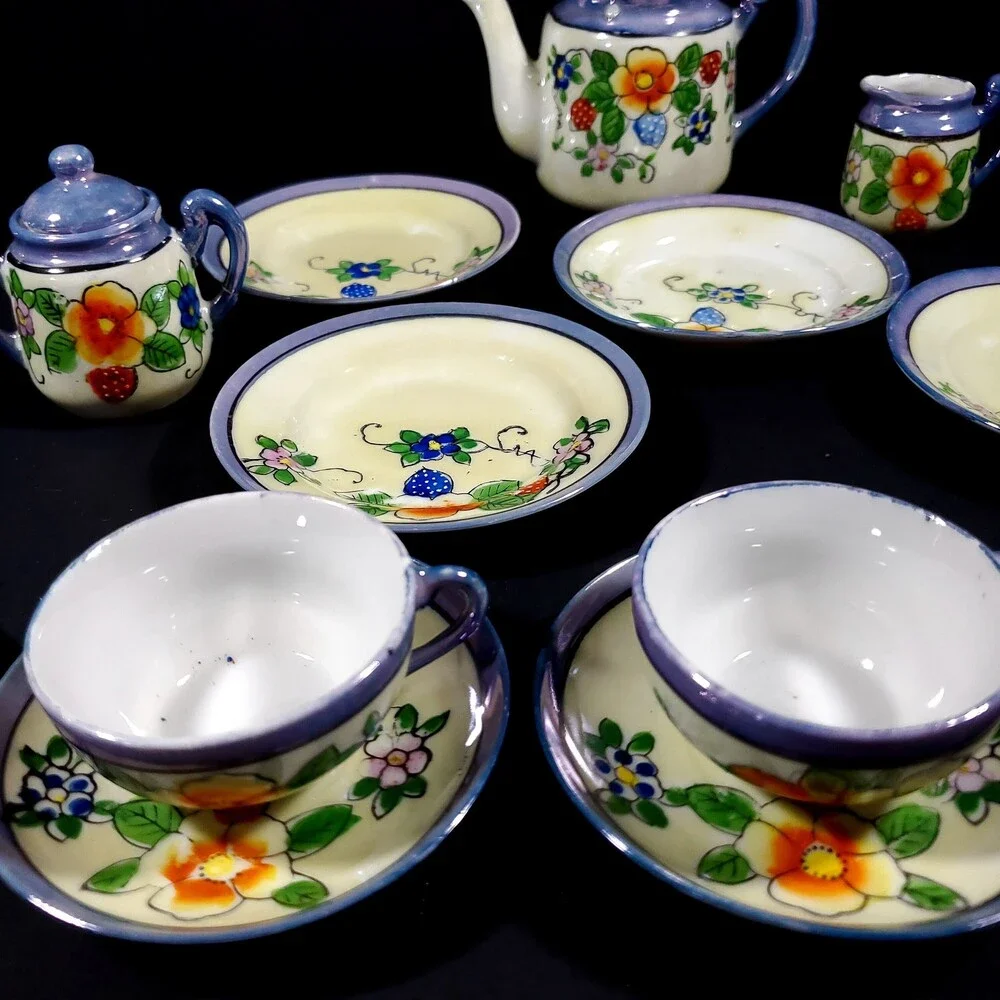Vintage 1950s Japanese Lusterware Tea Set 17 pieces blue rim orange blue flowers